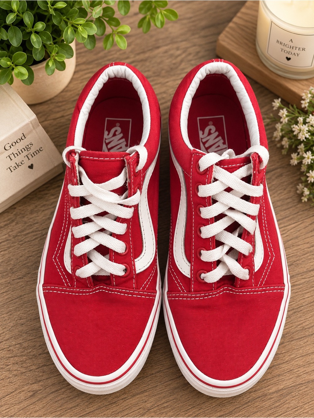 Vans Red and White Women's Low-Top Skate Sneakers